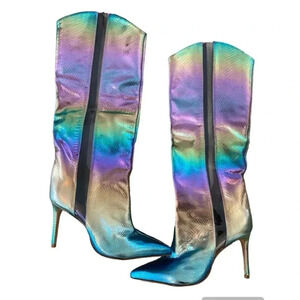 Schutz Womens size 7 Tall Rainbow Snake Print Heel Boots Point Toe